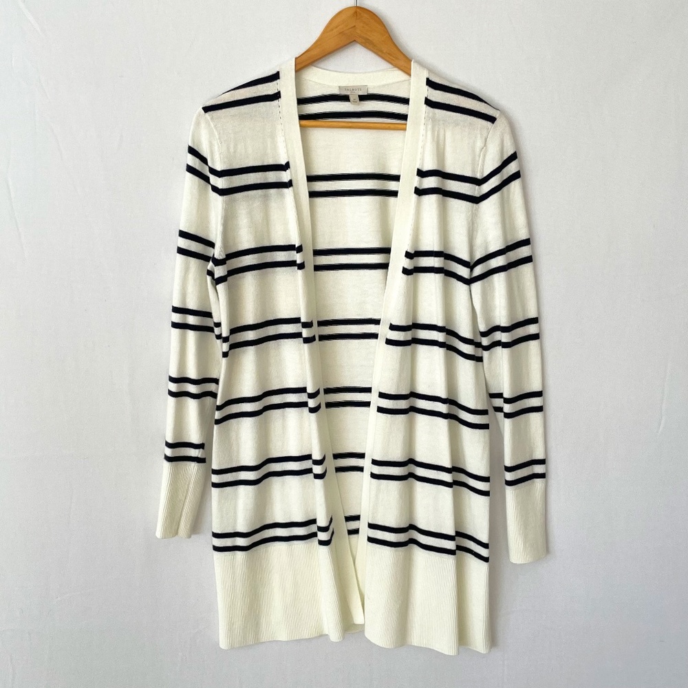 TALBOTS Women’s Medium Long Line Open Front Cardigan Ecru Blue Double Stripes